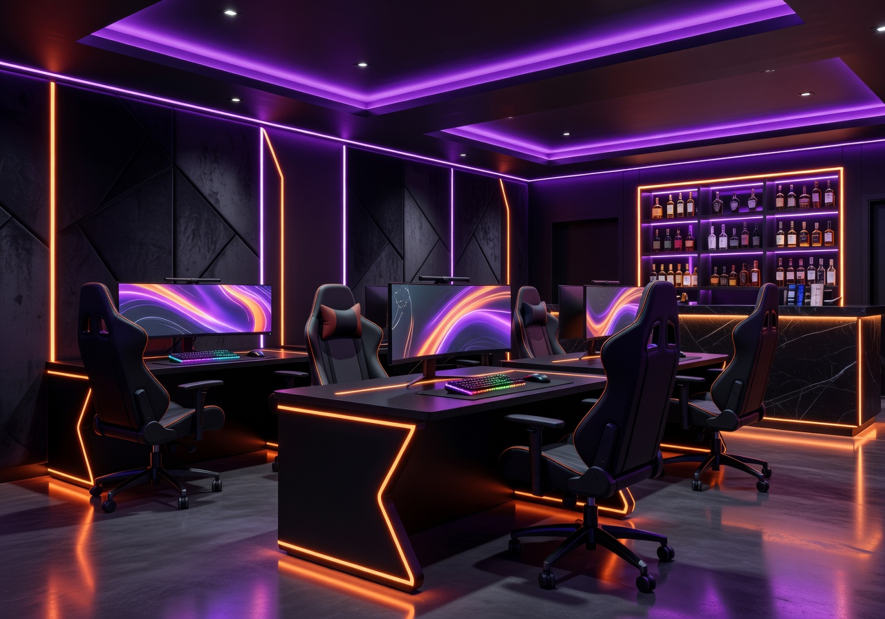 Modern neon social casino gaming lounge with premium interior, luxury seating, and vibrant purple orange lighting